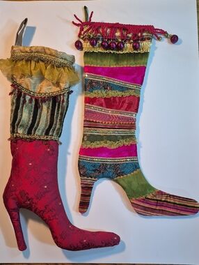 PIER 1 Decorative Fabric Victorian Theme Holiday Christmas Stocking Heeled Boots